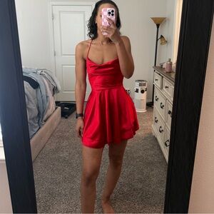 Red Satin Backless Lace Up Tiered Mini Dress